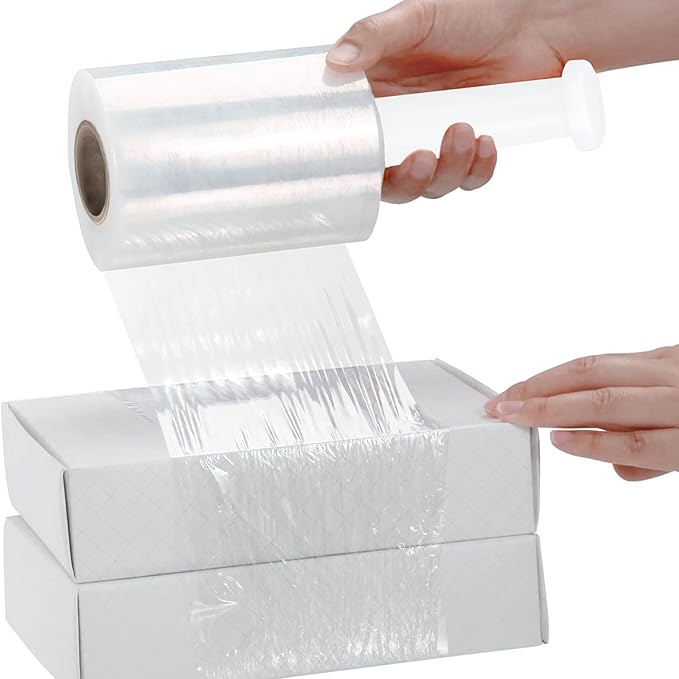 PSBM Mini Stretch Wrap with Handle, 12 Pack, 4 Inch x 1000 Feet, 90 Gauge, Clear, Small Plastic Cling Film for Pallets Moving Storing