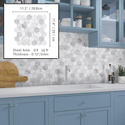 The Tiles Plaza 10-Sheet Peel and Stick Backsplash, Carrara White Hexagon Stone Composite Marble Looks Self Adhesive Wall Tile, Stick On Tiles for Kitchen Bathroom Shower, Cover 9 Sq Ft.