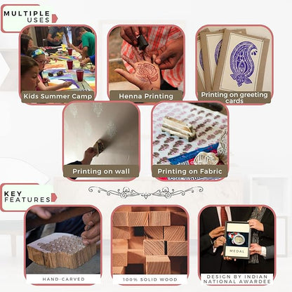 Wood Block Stamp - Handmade Wooden Printing Block, Set of 5 - Wooden Pottery Stamps for Blocks Printing - Wood Blocks for Crafting on Fabric, Clay & Henna Tattoo Hashcart®