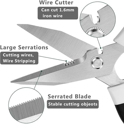 Utility Scissors Heavy Duty: sharp Scissors All Purpose heavy duty, Easy Cutting Carpet, Cardboard, Wires, Leather, Fabric（8'' White）