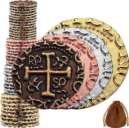 Large Metal Pirate Coins - 36 Bronze, Silver, Gold & Rose Gold Treasure Coin Set, Metal Replica Spanish Doubloons for Pirate Party Decorations & Favors, Tokens, Toys, Cosplay, Treasure Chest