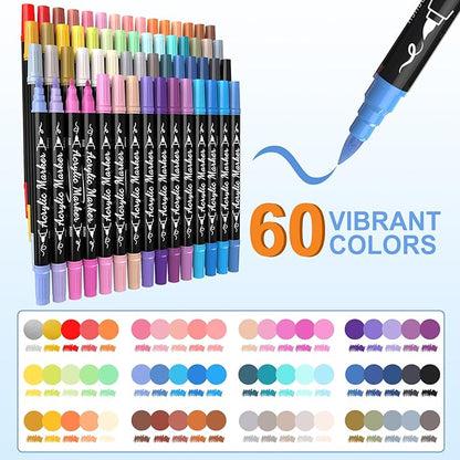 TOSAHRE Acrylic Paint Pens Markers 60 Colors Waterproof Dual Tip Acrylic Markers Set with Brush & Fine Tip Coloring Pens for Rock Painting Wood Scrapbook Fabric Glass Ceramic DIY Craft Art Supplies