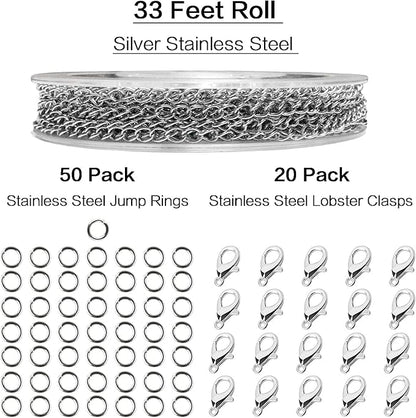 Jishi 33ft Necklace Extender Chain 3mm Silver Stainless Steel Curb Link Chain for Jewelry Making, Bracelet Necklace Extender DIY, Keychain Craft Supplies, Metal Chain Roll w/Lobster Clasps, Jump Rings