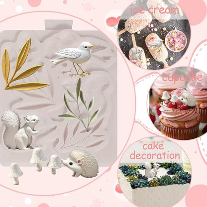 1Pcs Cute Hedgehog Squirrel Silicone Mold, Mushroom Leaf Chocolate Fondant Mold for Cake Decoration, Biscuits, Candy, Sugar Craft, Flower Paste, Clay, Resin Craft, Pendant, Home Decor