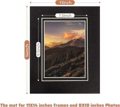 HOTUO 10 Pack Acid Free Black Picture Frame Mats, Pre-Cut 11x14 Picture Mats with Ivory Core Bevel Cut for 8x10 Photo, Signature Friendly 4 Ply Thickness Photo Mat for Frames (Black with V-Groove)