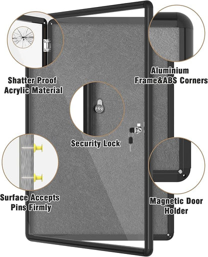 36"x24" Enclosed Bulletin Board, Lockable Weather-Resistant Aluminum Cork Noticeboard for School & Office, Black Frame w/Grey Flet