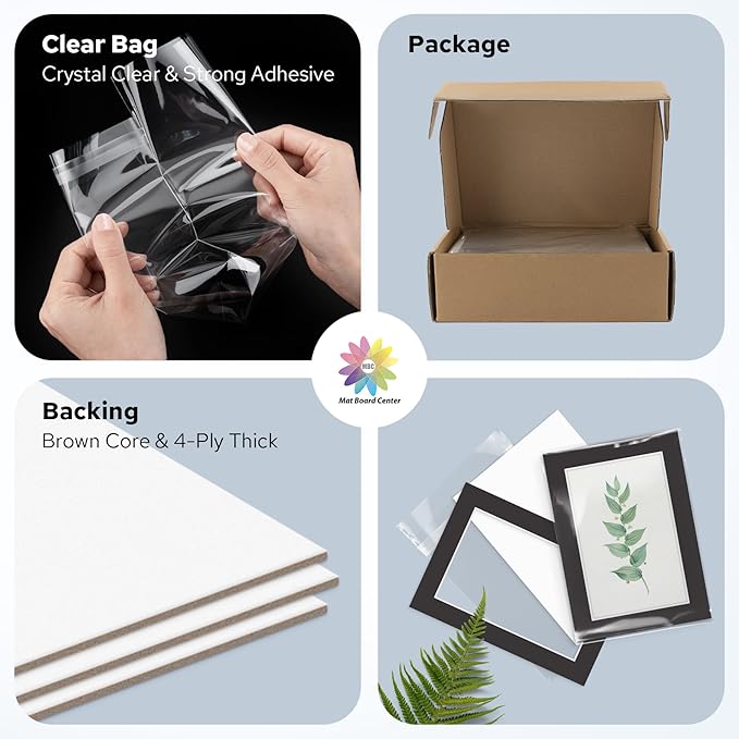 Mat Board Center, Pack of 25, 5x7 for 4x6 Black Mat Kit - Acid Free, 4-ply Thickness, White Core - Includes Backing Boards and Clear Bags - for Pictures, Photos, Framing