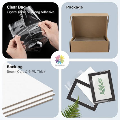 Mat Board Center, Pack of 25, 5x7 for 4x6 Black Mat Kit - Acid Free, 4-ply Thickness, White Core - Includes Backing Boards and Clear Bags - for Pictures, Photos, Framing