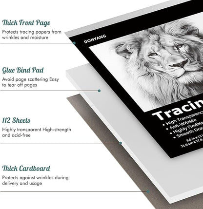 Tracing Paper 8.5x11 inch, 112 Sheets Transparent Vellum Paper for Tracing Pads, Translucent Tracing Paper for Pencil, Marker and Ink - Trace Images, Sketch, Preliminary Drawing, Overlays, Black