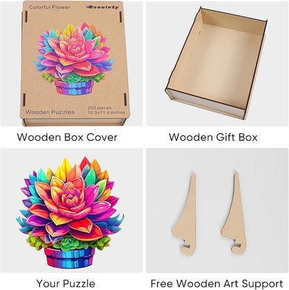 Valentine's Day Wooden Puzzles Colorful Flower Pot 200pcs 11.2'' x 11.2'', Luxurious Shaped Wood Puzzle, Beautiful Package, Best Gift for Adults and Kids, Family Game