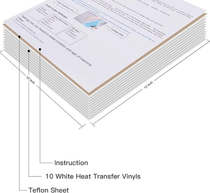JANDJPACKAGING White Heat Transfer Vinyl HTV Bundle 10"x12"- 10 Pack of Premium White HTV Sheets - Iron On Vinyl for T-Shirt Best HTV Vinyl for Silhouette Cameo,Cricut