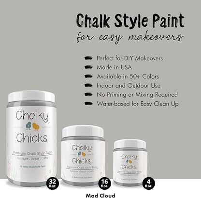 Chalky Chicks All-in-One Chalk Paint for Furniture or Cabinet - 16 Fl Oz - Matte Finish Mad Cloud (Light Gray) for Metal, Wood Furniture Paint - No Sanding All-in-One for Home Decor & Crafts, USA Made