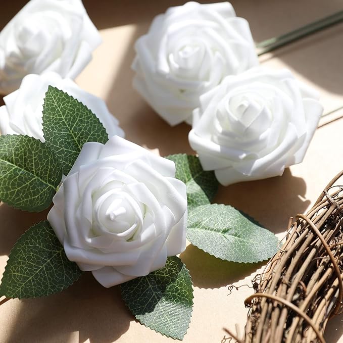 AmyHomie Artificial Flower 50pcs Real Looking Fake Roses w/Stem for DIY Wedding Bouquets Centerpieces Arrangements Party Baby Shower Home Decorations