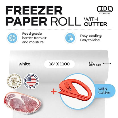 White Freezer Paper 18" x 13200" (1100 feet) with Cutter - USA-made Large Freezer Paper Roll for Meat & Fish - Poly-Coated Food Wrapping Material for Freezing by IDL Packaging
