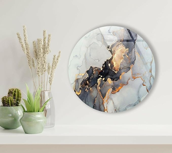 My Photostation.com 31.5''(80cm) Diameter Gold Details Gray Marble Round Glass Wall Art Tempered Glass Printing Wall Decor Large Wall Art Wall Hangings