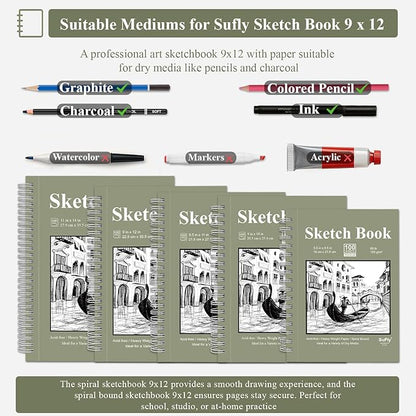 9 x 12 Sketchbook, 68lb/100gsm Sketch Pad 100 Sheets Spiral Bound Acid Free Drawing Paper with Hard Cover Art Paper for Drawing and Painting for Graphite Pencil, Charcoal, Pastels, for Kids & Adults