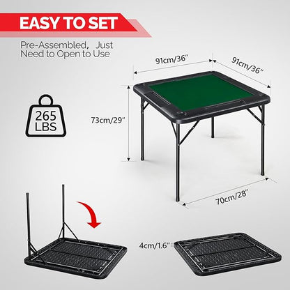 PEXMOR 35" Foldable Mahjong Table, 4 Player Card Game Table w/Cup Holders & Chip Grooves, Portable Folding Poker Domino Board Game Table for Blackjack, Texas Hold'em, Jigsaw Puzzles Game