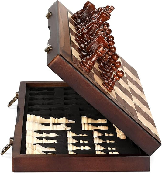 Magnetic Wooden Chess Set for Adults Kids 15'' Chess Board with Handmade Pieces, Folding Portable Travel Unique Chess Sets Game for Tournament Professional Beginner
