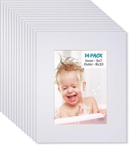 Egofine 8x10 White Picture Mats Pack of 14, Frame Mattes for 5x7 Pictures, Acid Free, 1.2mm Thickness, with Core Bevel Cut