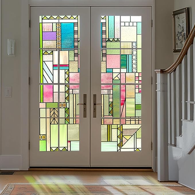 3D Stained Glass Window Privacy Film, Heat Control UV Blocking Static Cling Decorative Window Film for Bathroom,Front Door,Home Non Adhesive 16.9 x 39.3 inches Colorful Abstraction