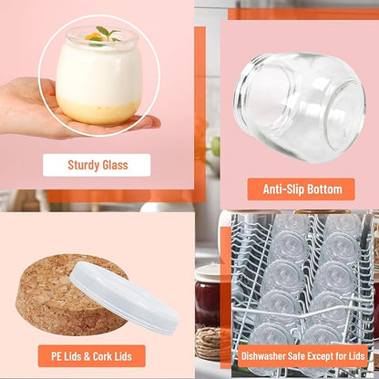 7oz Glass Jars with Cork & PE Lids 40Pack, Small Glass Pudding Jar for Wedding Favors, Milk, Jams and DIY Gift, Yogurt Jars with Tags and Twine Included