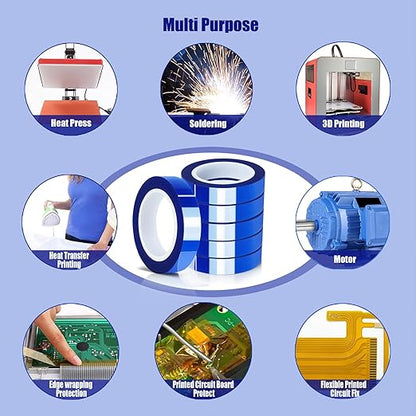 6 Rolls 10mm x16m(52FT) Blue Heat Tape High Temperature Heat Resistant Tape Heat Transfer Tape for Heat Sublimation Press Vinyl,No Residue
