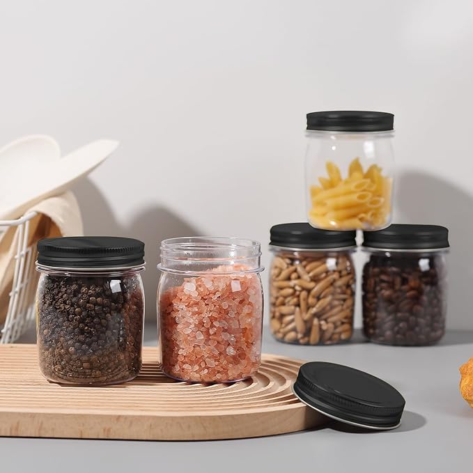 novelinks 8 oz Clear Plastic Jars with Screw-On Lids - BPA-Free Refillable Storage Containers for Slime, Spices, Crafts, Kitchen & Home Organization (32 Pack,Black)