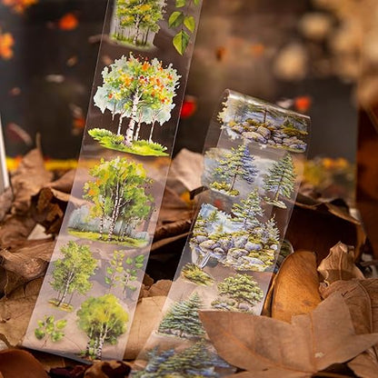 6PCS Trees and Forest PET Tape Set, Nature Scenery Adhesive Tapes for Journaling, Scrapbooking, and DIY Crafts, with Decorative Clip