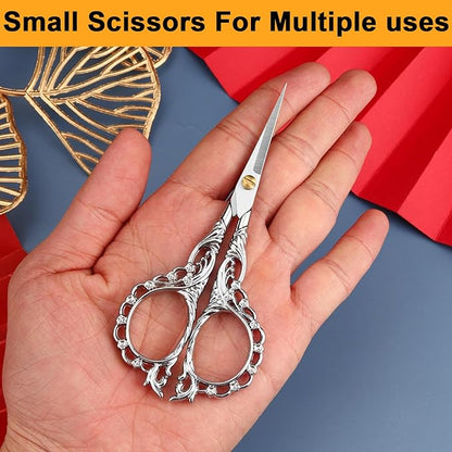 Small Scissors Vintage European Style Scissors Stainless Steel for Cross Stitch Cutting Embroidery Sewing Handcraft Craft Art Work DIY Tool, Silver