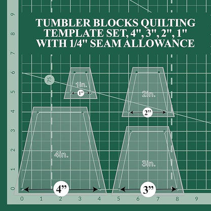 Quilting Acrylic Template Set | Precision Tools for Quilting Enthusiasts | Tumbler Blocks Design | Includes Sizes 4", 3", 2", 1" | 1/8 Clear Acrylic | 1/4" Seam Allowance for Accuracy