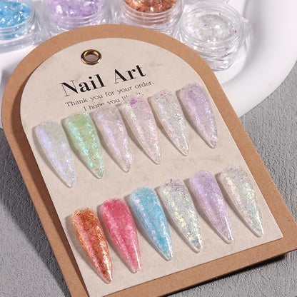 Holographic Nail Art Glitter Iridescent Flakes, 12 Colors Aurora Irregular Opal Nail Foil Flakes Ultra-Thin Nail Glitters Sequins Manicure Decorations for DIY Gel Polish Nail Art, Resin Craft, Gifts