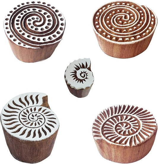 Royal Kraft Spiral Wooden Printing Stamps (Set of 5) - DIY Henna Fabric Textile Paper Clay Pottery Blocks Htag2230