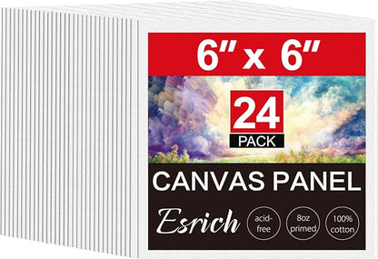 ESRICH 6x6 Canvas for Painting, 24 Pack Canvas Boards Cotton Painting Canvas Primed Acid Free Small Blank Canvases Panels for Oil Paint, Watercolor, Acrylic Paint, Gouache, Tempera.