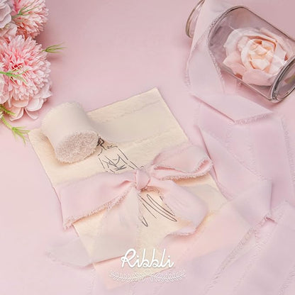 Ribbli Pale Blush Pink Chiffon Ribbon 1-1/2 inch x 20 Yard Handmade Fringe Chiffon Silk Ribbon, Pale Blush Ribbon for Wrapping, Wedding Invitations, Bridal Bouquets, Home Decor