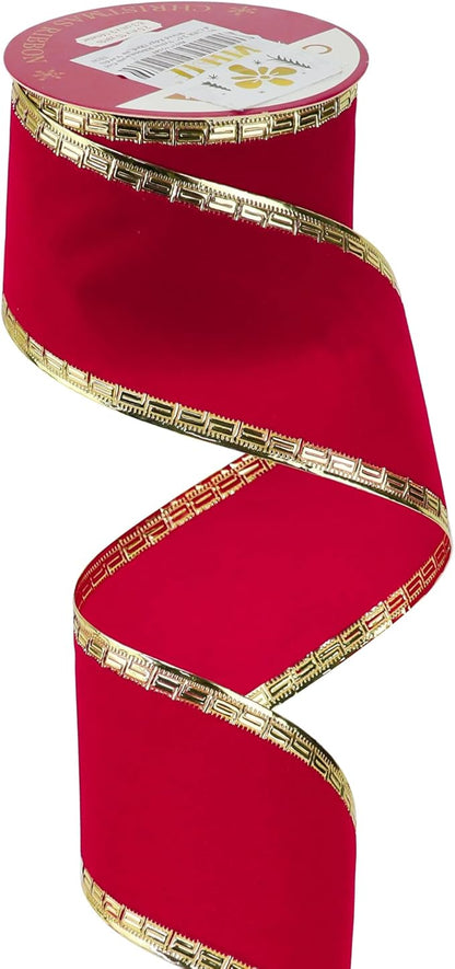 MEEDEE Red Velvet Ribbon 2.5 Inch With Gold Greek Key Edge - 10 Yards Wired Christmas Ribbon for Tree Decoration, Topper Bow, Garland
