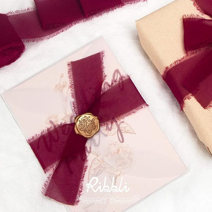 Ribbli Burgundy Chiffon Silk Ribbon, 1.5 inch x 30 Yard, Handmade, Fringe, Wedding Invitations, Gift Wrapping, Bridal Bouquets, Flower Arrangement