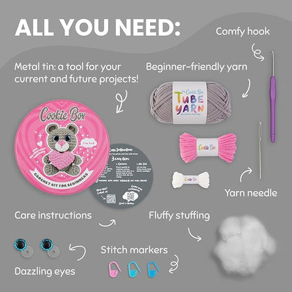 Cookie Box Crochet Kit for Beginners – Gift Set to Make Bear Ted Amigurumi Plushie – Easy DIY Crochet & Knitting Starter Kit with Video and PDF Tutorials