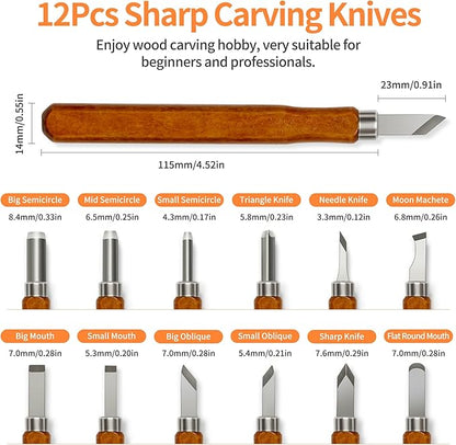 Wood Carving Tools Kit - 12 Pcs Super Sharp and Sturdy Wood Carving Knife Set for Beginners, Professionals, Hobbyists, Artists, and Sculptors - Multipurpose Sculpting, Soap Carving, Pumpkin Carving