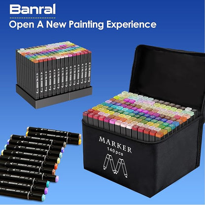 Banral 140 Colors Alcohol Markers Set, Dual Tip Alcohol Based Art Marker for Artists Kids Adult Coloring, Permanent Illustration Sketch Pens for Drawing with Case and Holders