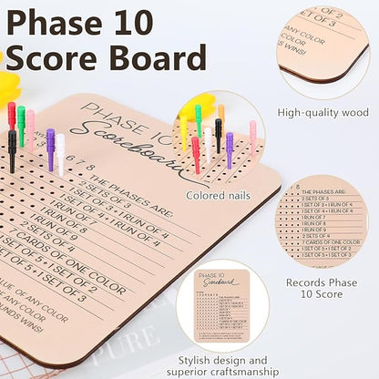 Phase 10 Score Board, Wooden Phase 10 Scoreboard, Phase 10 Score Sheets with 8 Colored Pegs, 10 Scorecard and Round Tracker, Classic Family Adults Board Card Games Night Table Score Boards