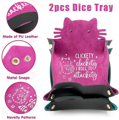 2Pcs Cat Dice Rolling Tray Novelty Folding Leather Dice Holder Portable Storage Accessories Decorative Desk Organizer Funny Gift for DND Game Players