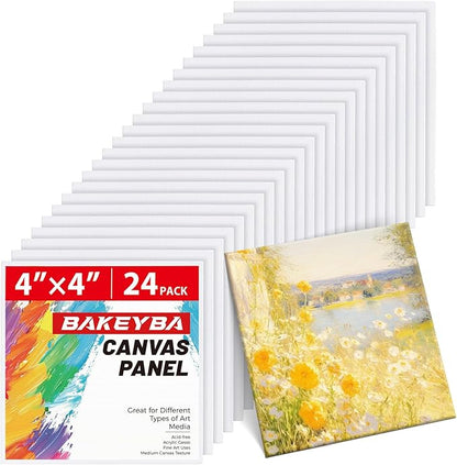 Mini Canvas Boards for Painting 24 Pack, 4x4 Inch Canvas Panels, 100% Cotton White Blank Art Supplies for Acrylics Oil Watercolor Tempera Paints