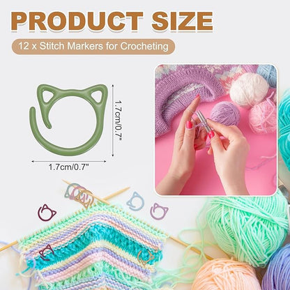 PATIKIL Cat Crochet Stitch Markers, 12 Pack Stitch Marker for Knitting Crocheting Supplies Cute Metal Spiral Knit Clip Ring Counters for Crochet Yarn DIY Crafts, Green