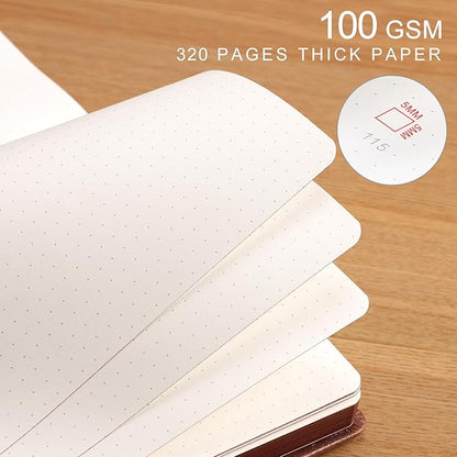AHGXG Thick Journal Dotted Notebook for Men - 320 Numbered Pages A5 Notebook for Writing, 100gsm Dot Paper, Vintage Leather Hardcover, for Women Work Office School, 5.75'' X 8.38''- Brown