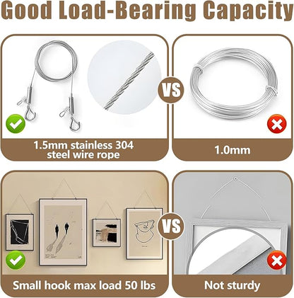 12PCS Picture Hanging Wire Kit for Mirrors, Frames, Artwork, Light Lamp, Billboards, Basket Flowerpot 6.56ft Adjustable Hanging Wire, 3-Hole D Rings Picture Hangers with Screws
