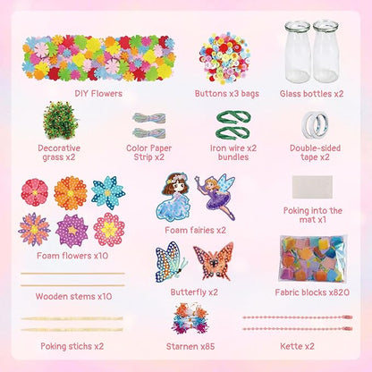Mostop Crafts for Kids Ages 6-10, DIY Flower Bouquet Craft Kit with Buttons,Felt Flowers and 2 Vase, Poke in Arts and Crafts Birthday Gift Present for 6 7 8 9 10 Year Old Girls Flower Making Kit