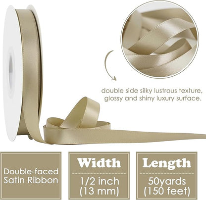HUIHUANG Champagne Ribbon 1/2 inch X 50 Yards Continuous, Champagne Gold Double-Faced Satin Ribbon for Gift Wrapping, Bows, DIY Crafts, Flower Bouquet, Wedding Bridal Shower Decor