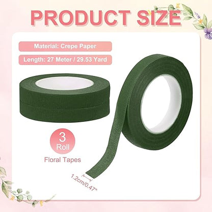 MECCANIXITY 3 Rolls Floral Tapes, 30 Yard x 1/16 in Florist Crepe Flowers Bouquets Tape Adhesive Waterproof for Flower Arranging Wrapping, Olive Green