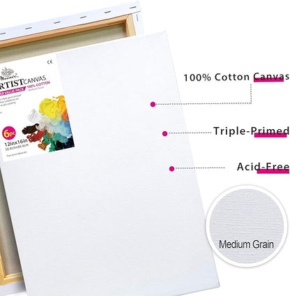 PHOENIX Stretched Canvas for Painting 12x16 Inch/6 Value Pack, 8 Oz Triple Primed 5/8 Inch Profile 100% Cotton White Blank Canvas, Artist Framed Canvas for Oil Acrylic & Pouring Art