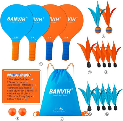 Banvih Badminton Set 4 Rackets, Paddle Ball Outdoor Games Christmas Stocking Stuffers for Kids Teens Adults and Family, Sports Beach Toys - for Yard, Lawn, Camping Games Essentials